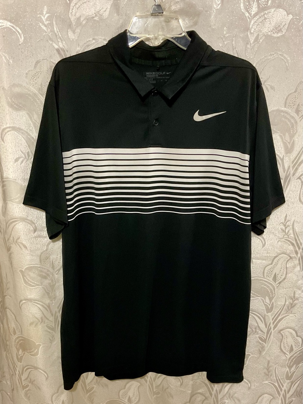 Nike Golf Dri-Fit Black Polo with White Horizontal Stripe Detail